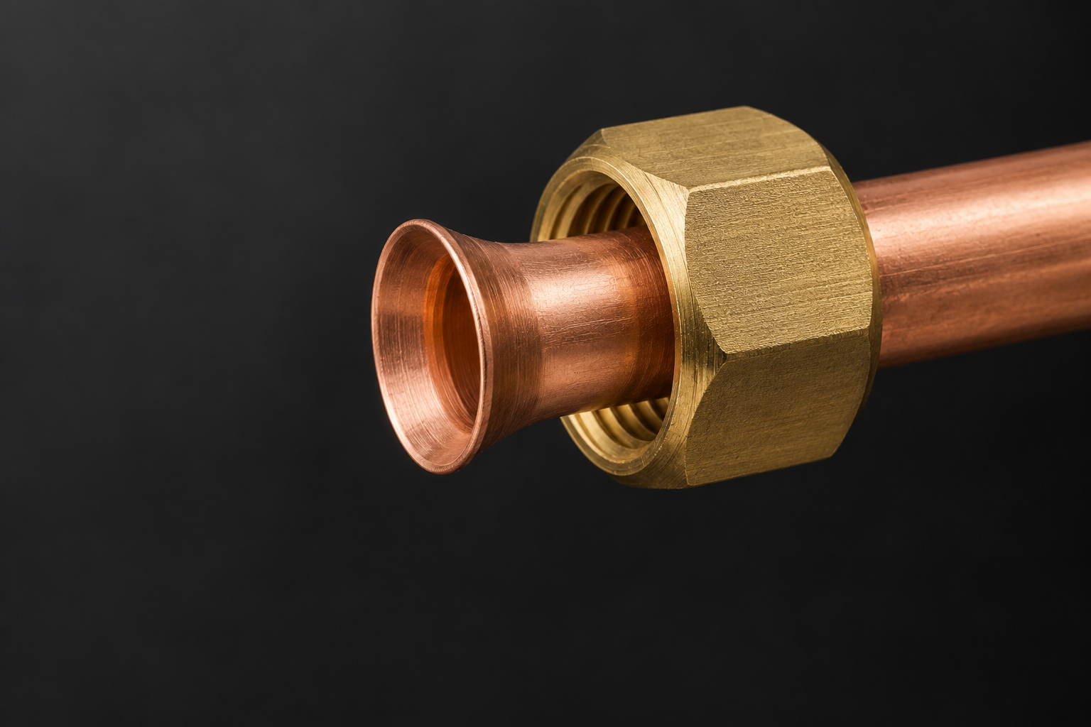 Close-up of a brass flare nut fitted behind the mechanically flared end of a copper refrigeration tube